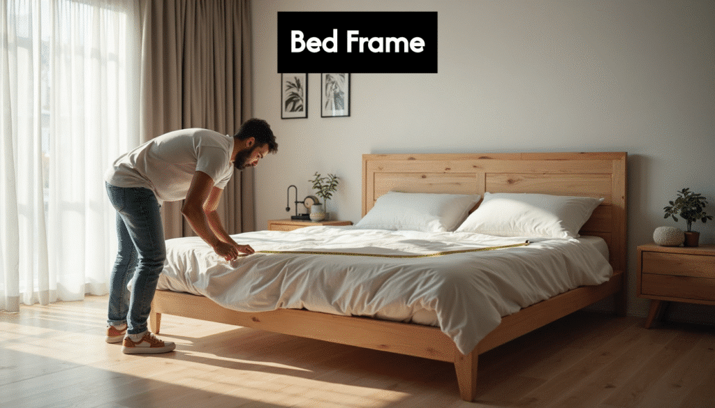 person measuring a bed frame in a bright bedroom c4htnsebixbwuketjhgwq